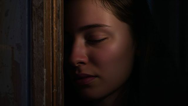 Young woman resting with eyes closed pressing face against weathered wooden frame in dim light