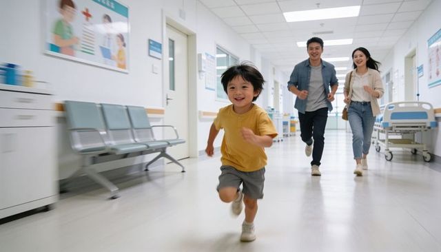 Smiling boy running hospital corridor with parents following, joyful urgent family moment