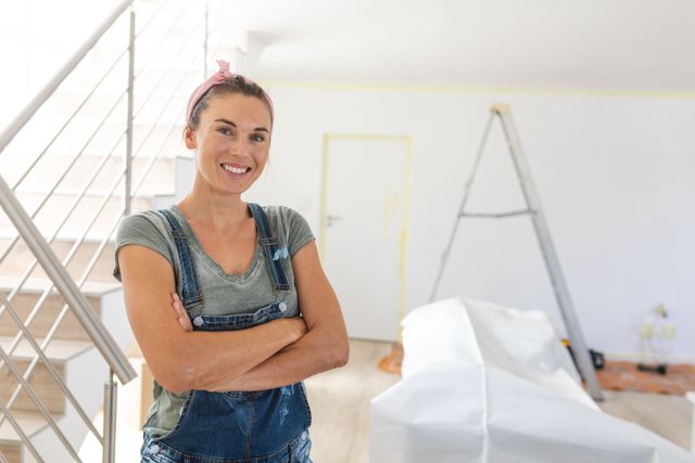 Portrait of happy Caucasian woman wearing blue jeans dungarees, doing DIY at home self isolating and social distancing in quarantine lockdown during coronavirus covid 19 epidemic, ladder behind her.