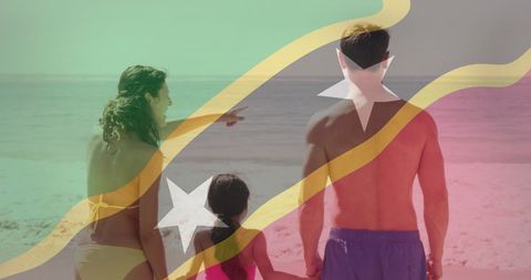 Family Enjoying Beach Vacation with Saint Kitts and Nevis Flag Overlay