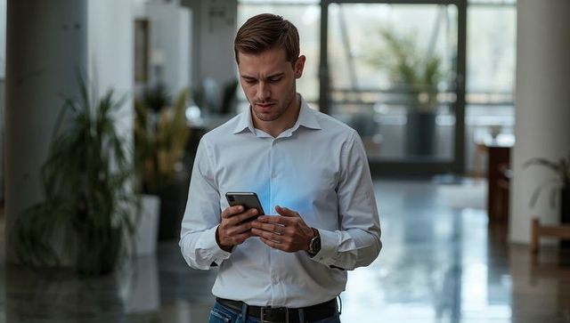 Businessman checking smartphone in modern office lobby wearing white shirt and wristwatch
