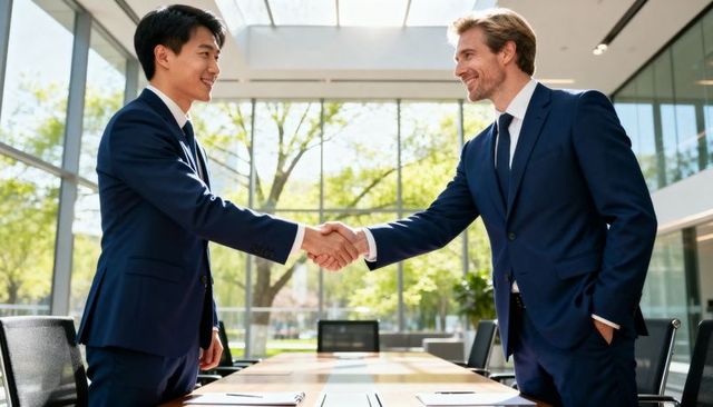 Corporate handshake between Asian and Caucasian executives in modern glass boardroom
