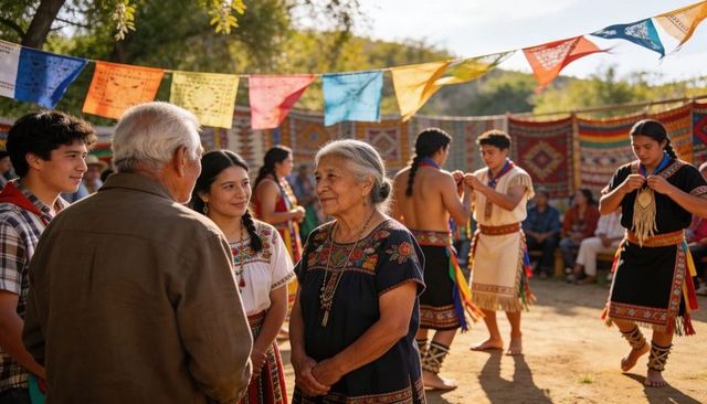 Multigenerational gathering with traditional embroidered dress and community dancing