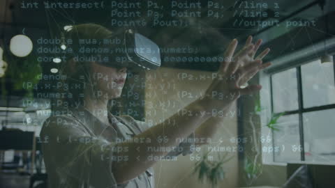 Businessman Utilizing VR Headset with Data Projection