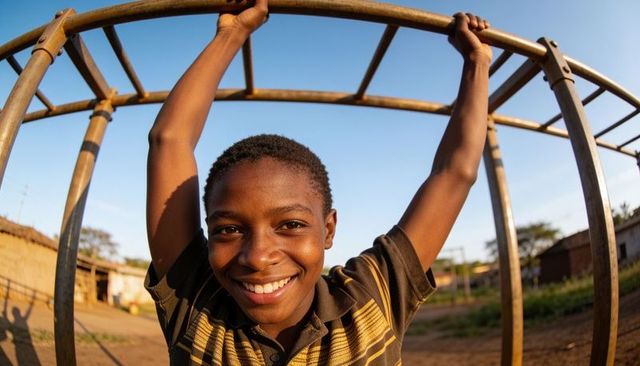 Smiling black schoolboy hanging from curved monkey bars at golden hour in rural playground