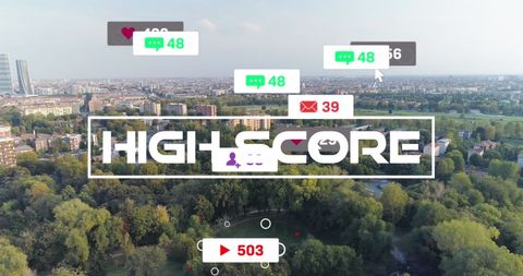 Cityscape with Social Media Icons Representing Digital Connectivity