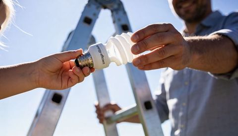 Couple exchanging energy-efficient spiral bulb by ladder outdoors, diy home maintenance