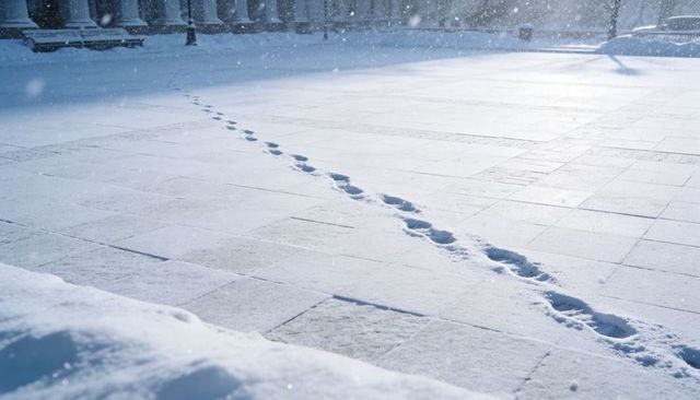 Footprints crossing snow-covered urban plaza under soft winter sunlight