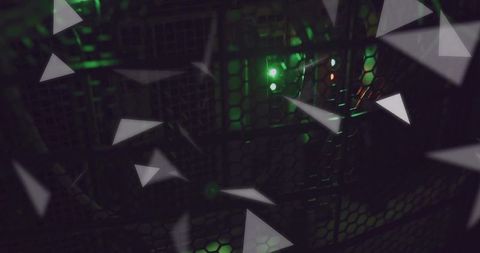 Server rack glowing green behind hex grille with network leds and abstract triangles