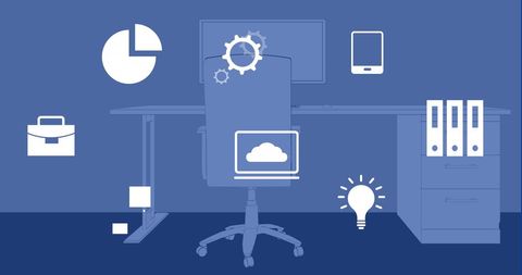 Futuristic Digital Icons in Modern Office Environment