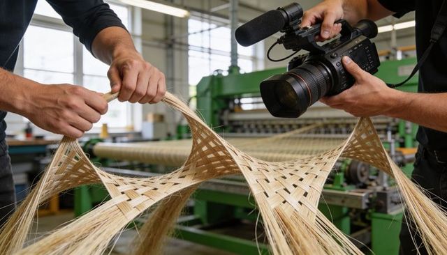Artisan weaving natural straw lattice while camera operator filming in workshop with loom