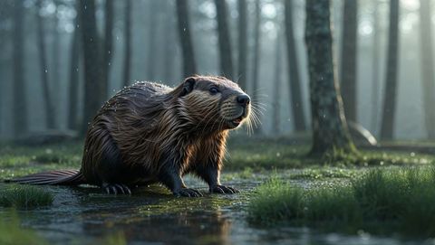 Beaver enjoying misty forest floor in serene rainfall