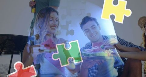 Friends Enjoying Beach Party with Puzzle Overlay Promoting Autism Awareness