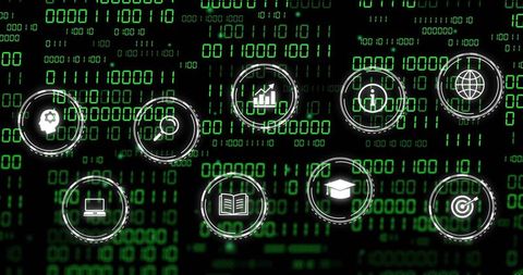 Binary data matrix with floating circular ui icons displaying analytics and cybersecurity