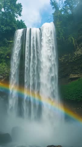Tropical Waterfall Plunging into Mist with Rainbow Arc Vertical Footage for Travel and Relaxation