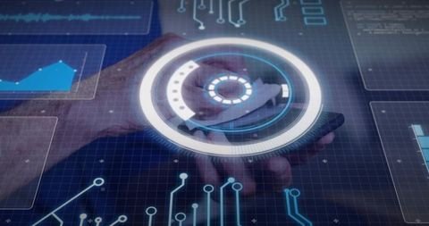 Senior male hand holding smartphone projecting holographic circular ui with circuit overlay