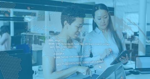 Professionals Analyzing Data with Futuristic Interface Overlay