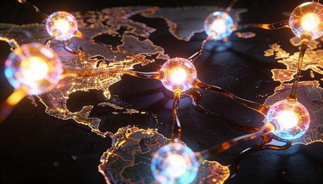 Glowing neural network linking holographic world map with futuristic nodes and cables