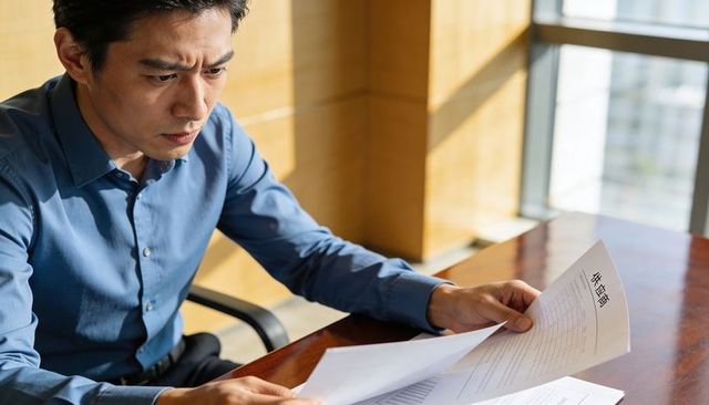 East Asian Professional Reviewing Documents at Sunlit Office Desk, Concentrating