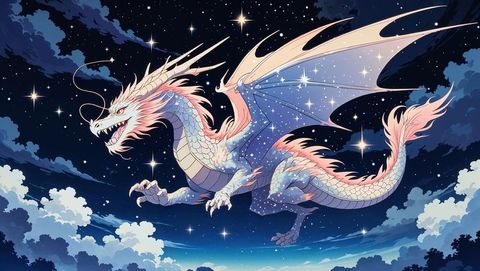 Ethereal celestial anime dragon soaring through starry sky