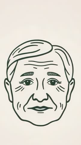 Senior male illustrated face blinking vertical animation on cream backdrop