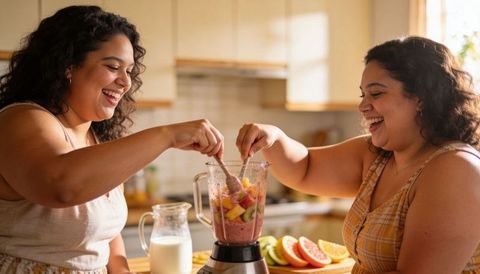 Two women making colorful fruit smoothie together in sunlit cozy kitchen, laughing