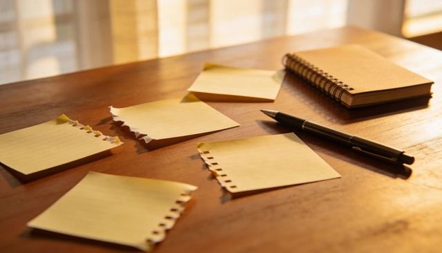 Sunlit torn yellow notepaper scattering on wooden desk with pen and spiral notebook