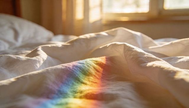 Sunlight casting diagonal rainbow on rumpled white duvet with soft linen texture