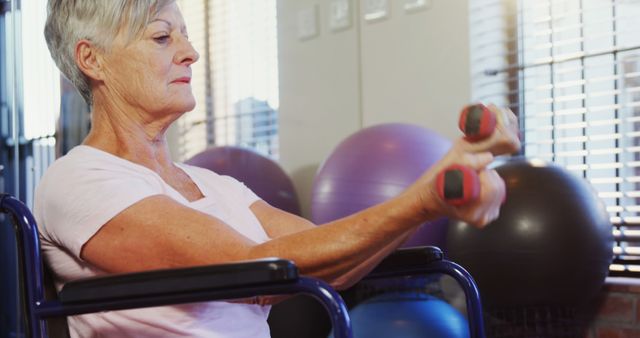 Senior woman sitting in a wheelchair, holding dumbbells and lifting them in a physical therapy session. Use this image to illustrate themes of senior fitness, physical rehabilitation, and maintaining health in elderly individuals.