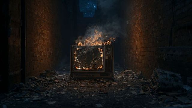 Burning vintage crt tv in abandoned alley at night