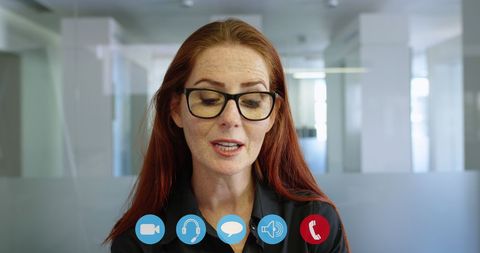 Businesswoman in Virtual Meeting with Communication Icons