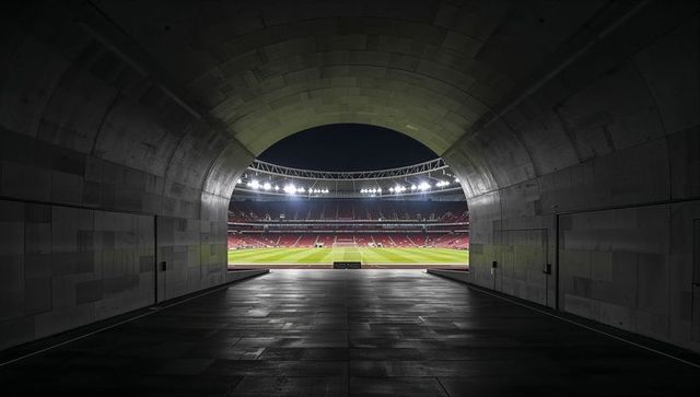 Arched stadium tunnel framing floodlit football pitch at night with empty red seats
