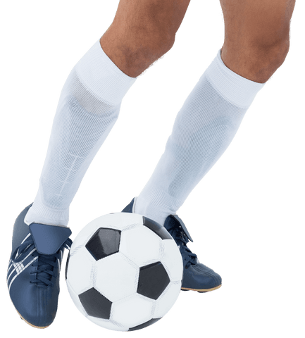 Caucasian male football player with ball on transparent background