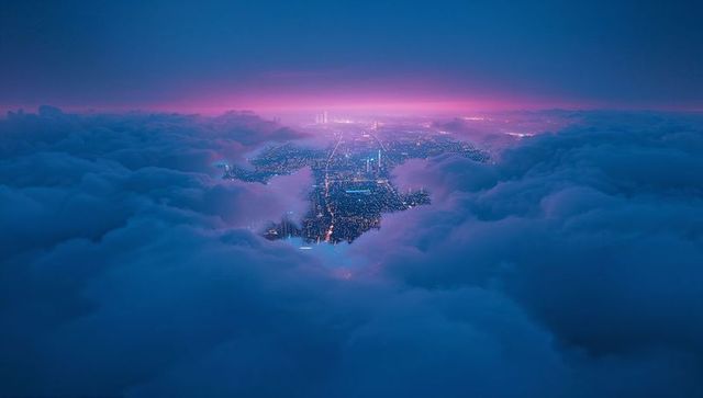 Dazzling cityscape through clouds at dusk with illuminated skyline