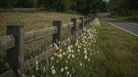 Picturesque nebraska country road with rustic fence and wildflowers