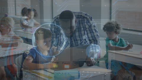 Diverse Classroom with Teacher and Digital Interface Overlay