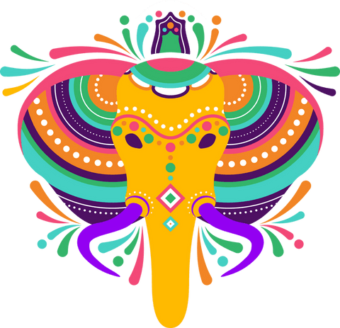 Vibrant stylized elephant head with splash elements on transparent background