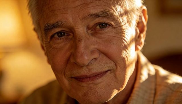 Smiling senior man showing detailed facial texture in warm golden light closeup portrait