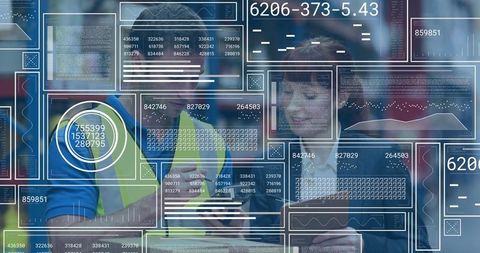 Construction professionals analyzing tablet with hud analytics overlays on industrial site