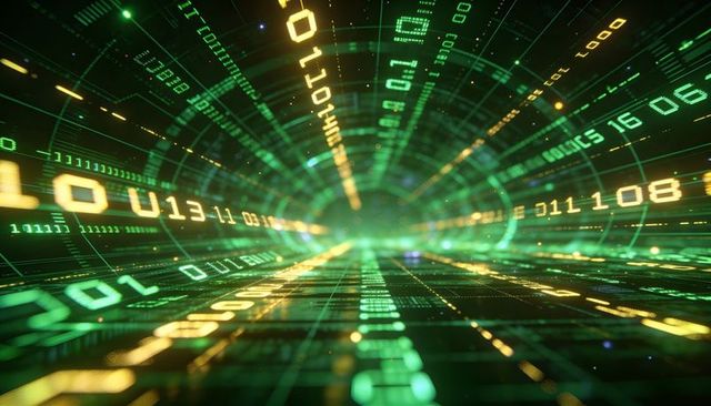 Neon data tunnel streaming binary code toward glowing core, futuristic cyberspace grid