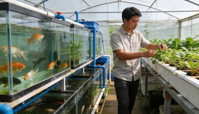 Tending asian farmer inspecting aquaponic greenhouse with stacked fish tanks and greens