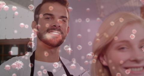 Pandemic Concept with Smiling Couple and Virus Particles