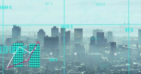 Downtown skyline showing turquoise HUD overlay with bar chart, line graph and grid metrics
