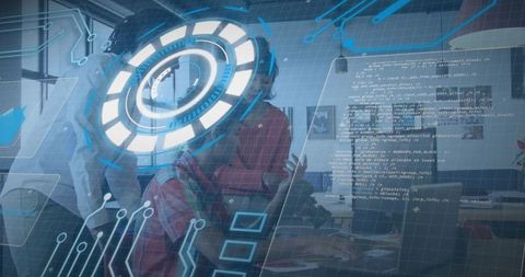 Team Collaborating with Futuristic Augmented Reality HUD Over Laptops for Project Planning