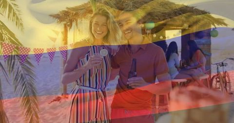 Happy Couple Enjoying Drinks at Tropical Beach Bar