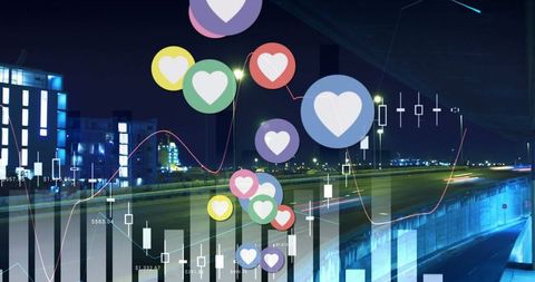 Digital hearts symbolizing online engagement over night cityscape
