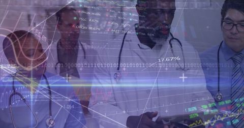 Diverse Medical Team Analyzing Real-time Data with Digital Interface