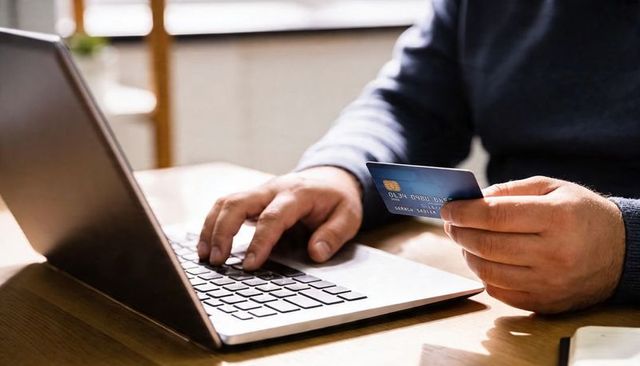 Making online payment using credit card and laptop on sunlit wooden desk workspace