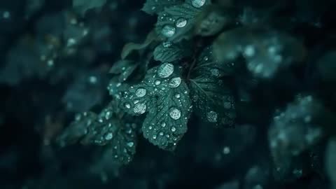 Raindrops Glistening on Lush Green Leaves in a Dimly Lit Garden