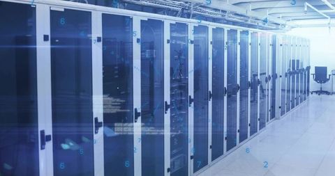 Modern data center with row of glass-front cabinets